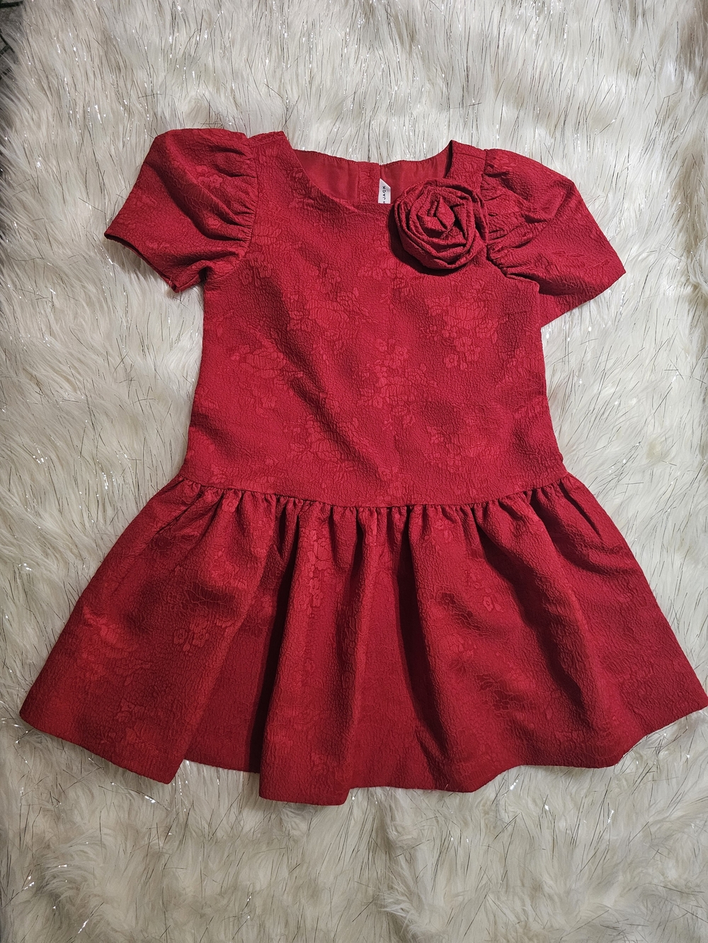 Janie and Jack Red Floral Textured Dress with Rosette Accent